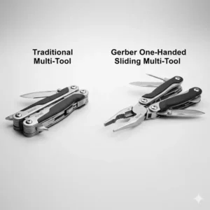 Side-by-side comparison of a traditional folder versus the gerber one handed multi tool.