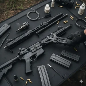 A top-down view of a field-stripped rifle with the gerber ar15 multi tool ready for maintenance.