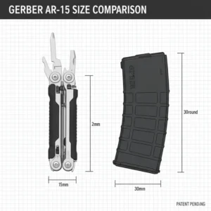A side-by-side size comparison illustration of the gerber ar tool next to a standard 30-round magazine.