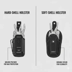 Illustration comparing a molded polymer hard-sided gerber tool holster with a traditional soft nylon version.