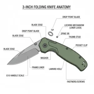 A detailed anatomy diagram showing the different parts of a 3 inch folding knife.