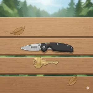 A size comparison showing a gerber mini knife placed next to a standard house key.