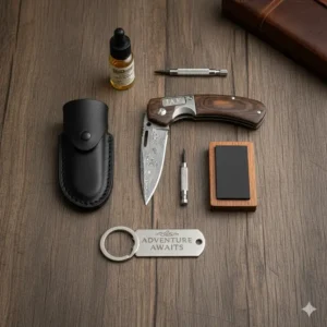 Overhead view showing the components of a pocket knife gift set on a wooden table.