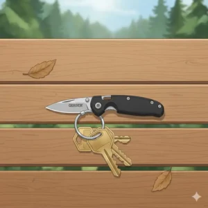 A close-up illustration of a gerber mini knife securely attached to a metal keychain.