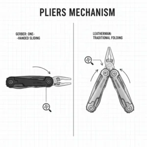 Diagram showing the different opening styles of the pliers in a gerber multi tool vs leatherman battle.