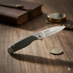 A clear size comparison showing the compact dimensions of a gerber shaving blade next to a standard coin.