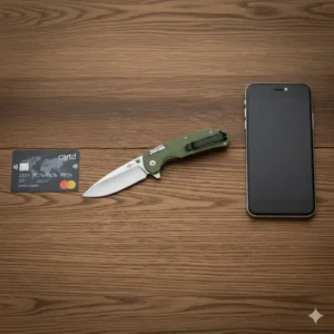 A 3 inch folding knife shown next to a credit card and smartphone for size comparison.