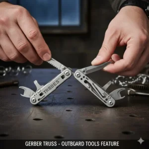 Demonstrating the external tool access features of the gerber truss vs leatherman for one-handed use.