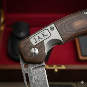 Close-up of a personalized pocket knife gift set showing custom laser engraving.