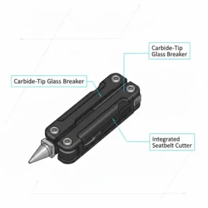 Tactical police multi-tool showing the carbide-tip glass breaker and seatbelt cutter components.