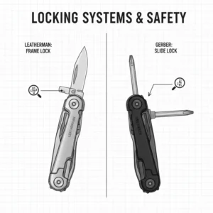 Comparison of safety features and blade locking mechanisms between a gerber multi tool vs leatherman