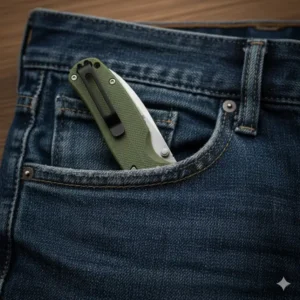 Close-up of a 3 inch folding knife securely clipped inside a pocket for everyday carry.