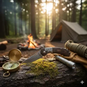 A rugged pocket knife gift set item resting on a log in a camping environment.