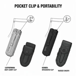 Close-up of the pocket clip and sheath design of a gerber multi tool vs leatherman for daily carry.