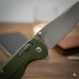 A close-up view of the secure locking mechanism on a professional 3 inch folding knife.