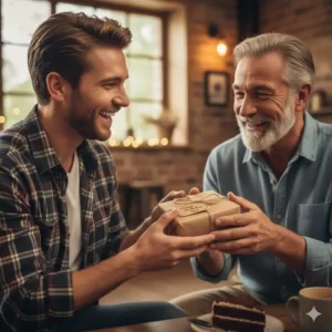 A young man giving a wrapped pocket knife gift set to his father as a gift.