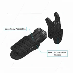 High-quality police multi-tool displayed with its compatible tactical MOLLE vest sheath.