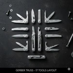 An overhead flat lay showing the total number of tools included in the gerber truss vs leatherman models.