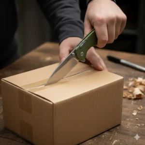 A person using a sharp 3 inch folding knife to open a cardboard shipping box.