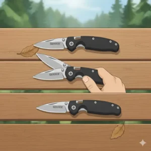 An infographic showing the smooth one-handed folding action of a gerber mini knife.