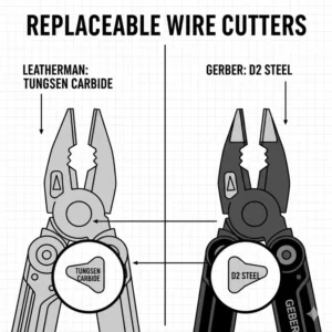 Illustration highlighting the replaceable wire cutter inserts on a gerber multi tool vs leatherman.