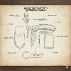An illustrative diagram of the tools included in a multi-functional pocket knife gift set.
