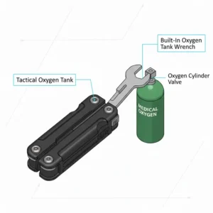 A functional police multi-tool utilizing its built-in oxygen tank wrench on a medical cylinder.