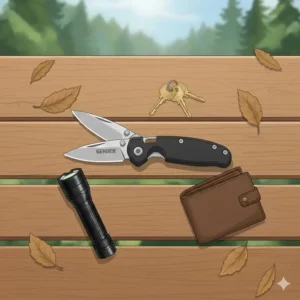 An EDC flatlay featuring a gerber mini knife alongside a flashlight and a wallet.