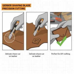 A close-up view of a gerber shaving blade performing delicate precision cutting on leather for DIY projects.