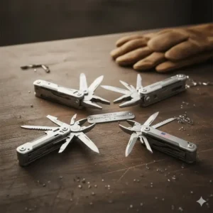 An illustration of the manufacturing origins and logos for gerber vs leatherman tools.