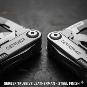 Detailed macro shot of the stainless steel finish and durability of gerber truss vs leatherman tools.