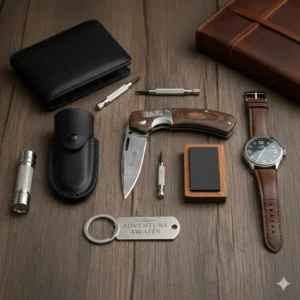 A flat-lay of a pocket knife gift set with everyday carry essentials like a watch and wallet.