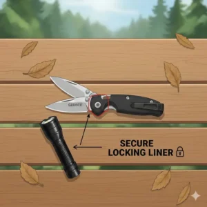 A technical diagram pointing to the secure locking liner mechanism of a gerber mini knife.
