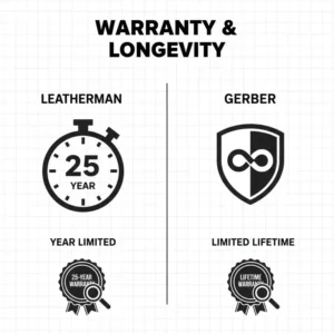 Graphic showing the 25-year and lifetime warranty icons for a gerber multi tool vs leatherman.