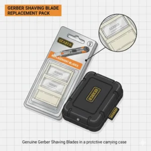 A retail display of a genuine gerber shaving blade replacement pack alongside a protective carrying case.