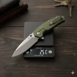 A 3 inch folding knife being weighed on a digital scale to demonstrate its lightweight design.