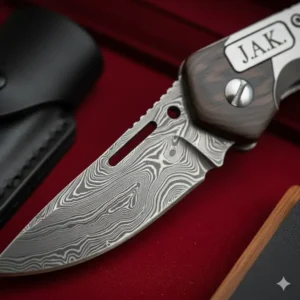 Macro shot of the Damascus steel blade from a high-quality pocket knife gift set.