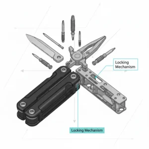 Detailed exploded view diagram showing the internal locking parts of a police multi-tool.