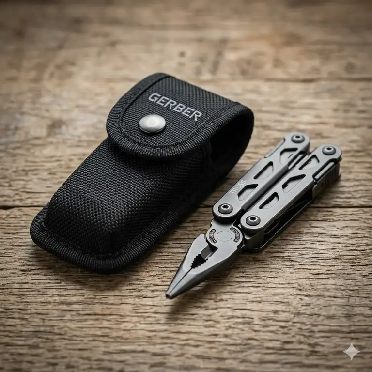 A Gerber Truss multi-tool sitting next to its heavy-duty black nylon gerber truss sheath on a wooden surface.
