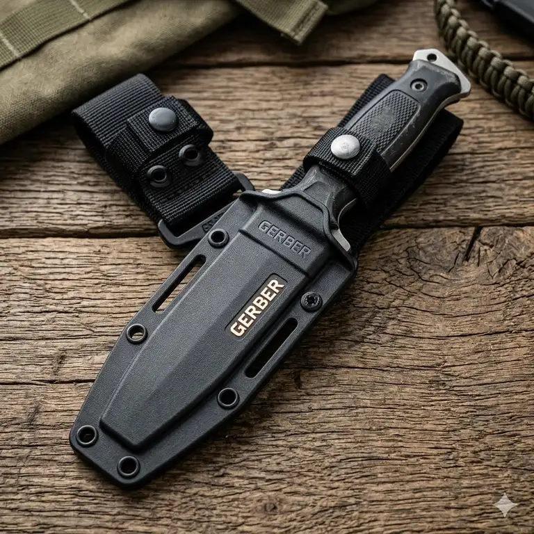 Professional studio shot of a gerber fixed blade sheath on a rustic wooden background.
