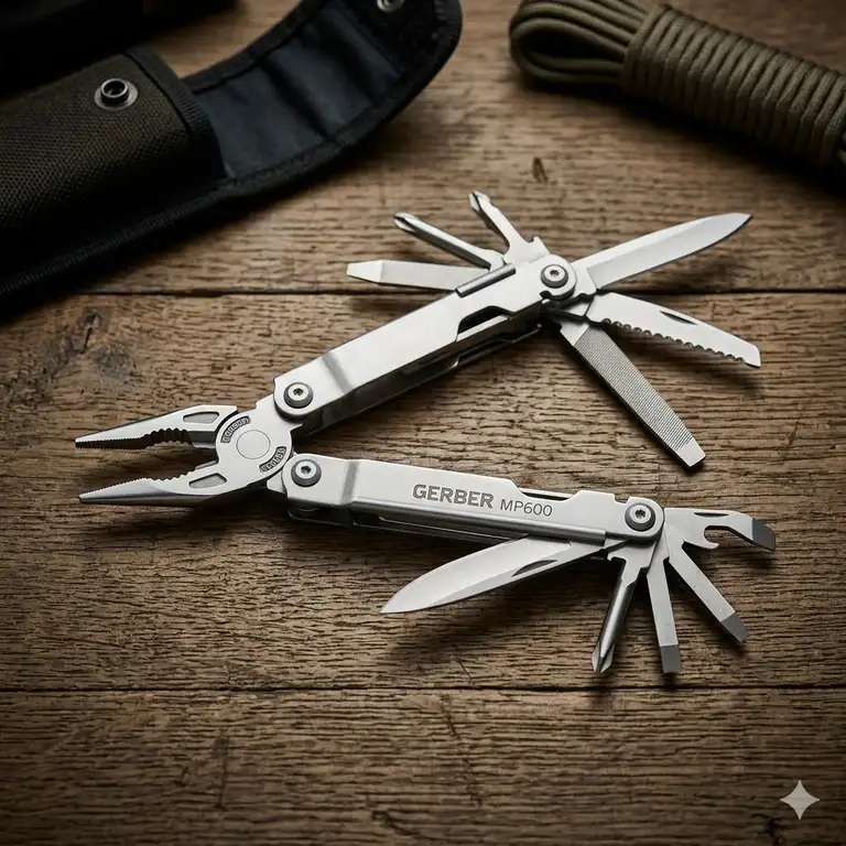 A Gerber MP600 multi-tool fully deployed on a wooden workbench showing its stainless steel construction and pliers.