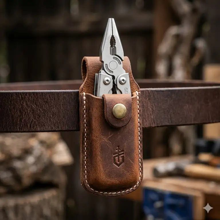 A professional hero shot of a premium brown leather gerber multi tool pouch attached to a leather belt.