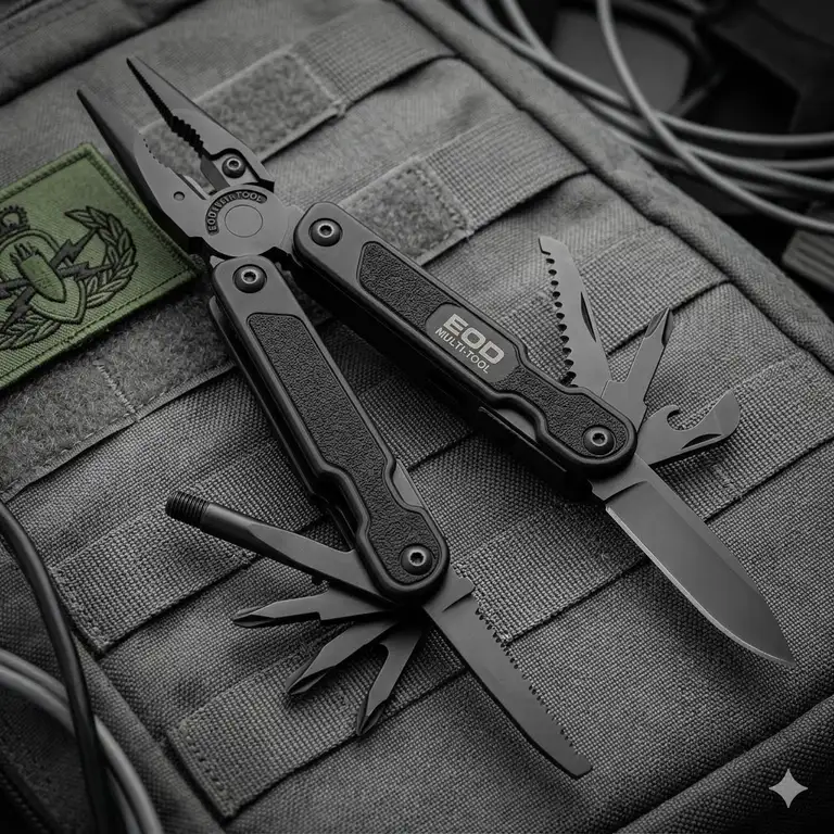 Alt Text 1 (Featured Image): A professional eod multi tool with a black oxide finish and integrated blasting cap crimper displayed on a tactical background.