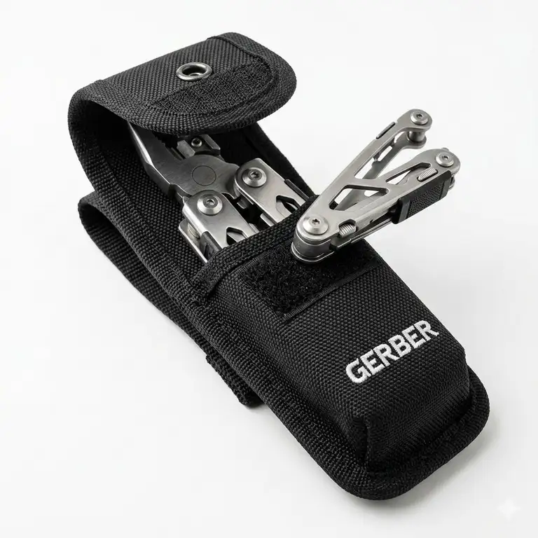 A professional studio shot of the original black nylon gerber suspension sheath with the multitool inside.