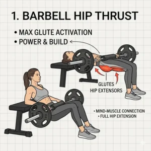 Illustration of a barbell hip thrust, a fundamental exercise for a glute focused leg workout.