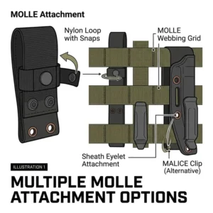 Technical illustration of a gerber fixed blade sheath showing multiple MOLLE attachment options.