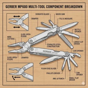 Close-up illustration demonstrating the one-handed opening sliding pliers of a Gerber MP600 multi-tool.