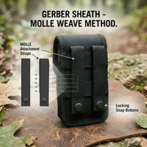 Close-up illustration of a gerber sheath showing MOLLE-compatible straps for tactical vest attachment.