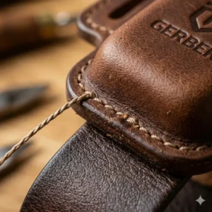 Illustration 1: Close-up detail of the heavy-duty reinforced stitching on a handmade gerber leather sheath.