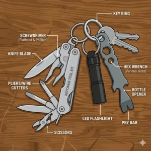 A labeled illustration showing the various functions of a modern keychain tool kit including a screwdriver, bottle opener, and hex wrench.